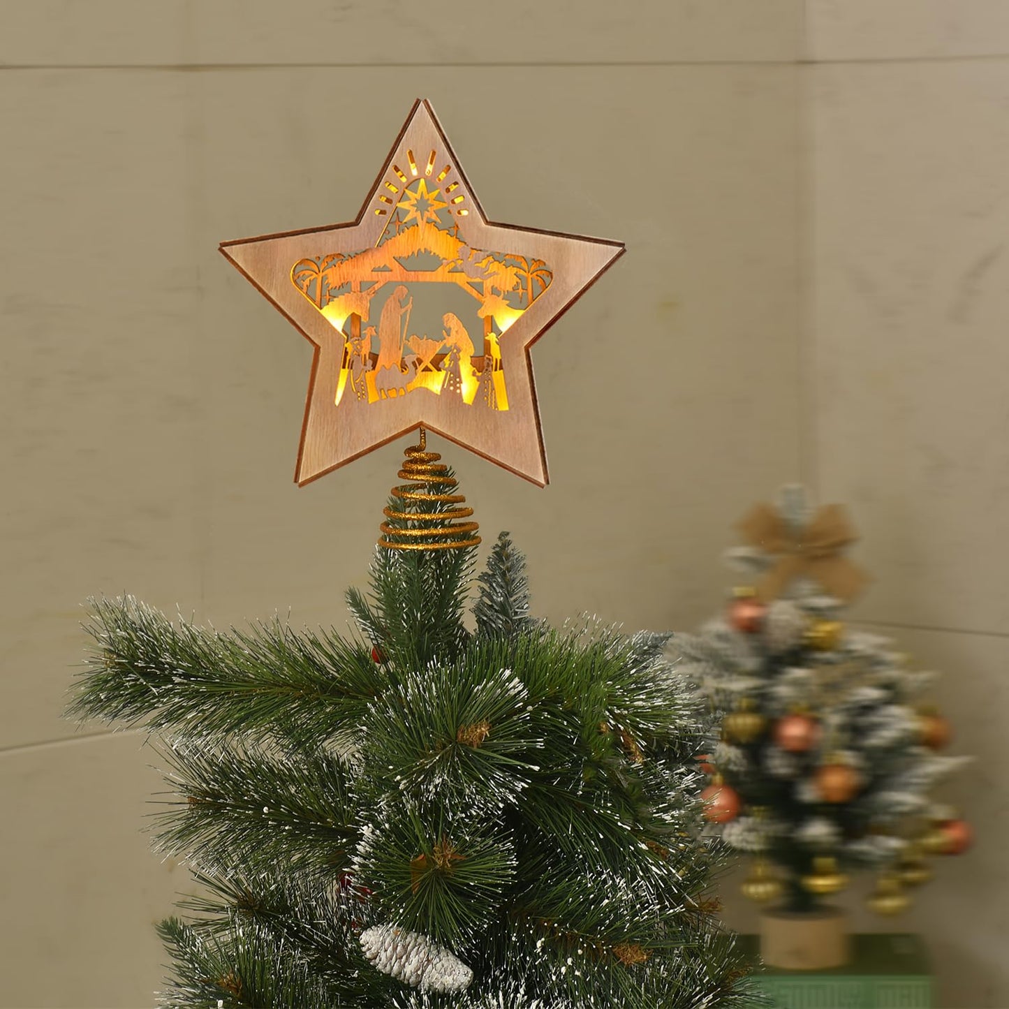 GHOSTMAGIC Nativity Christmas Tree Star Topper Lighted, 3D Wooden Nativity Scene Star for Christmas Tree, Nativity Set Christmas Tree Decorations, LED Xmas Decor Ornaments for Indoor (Nativity)