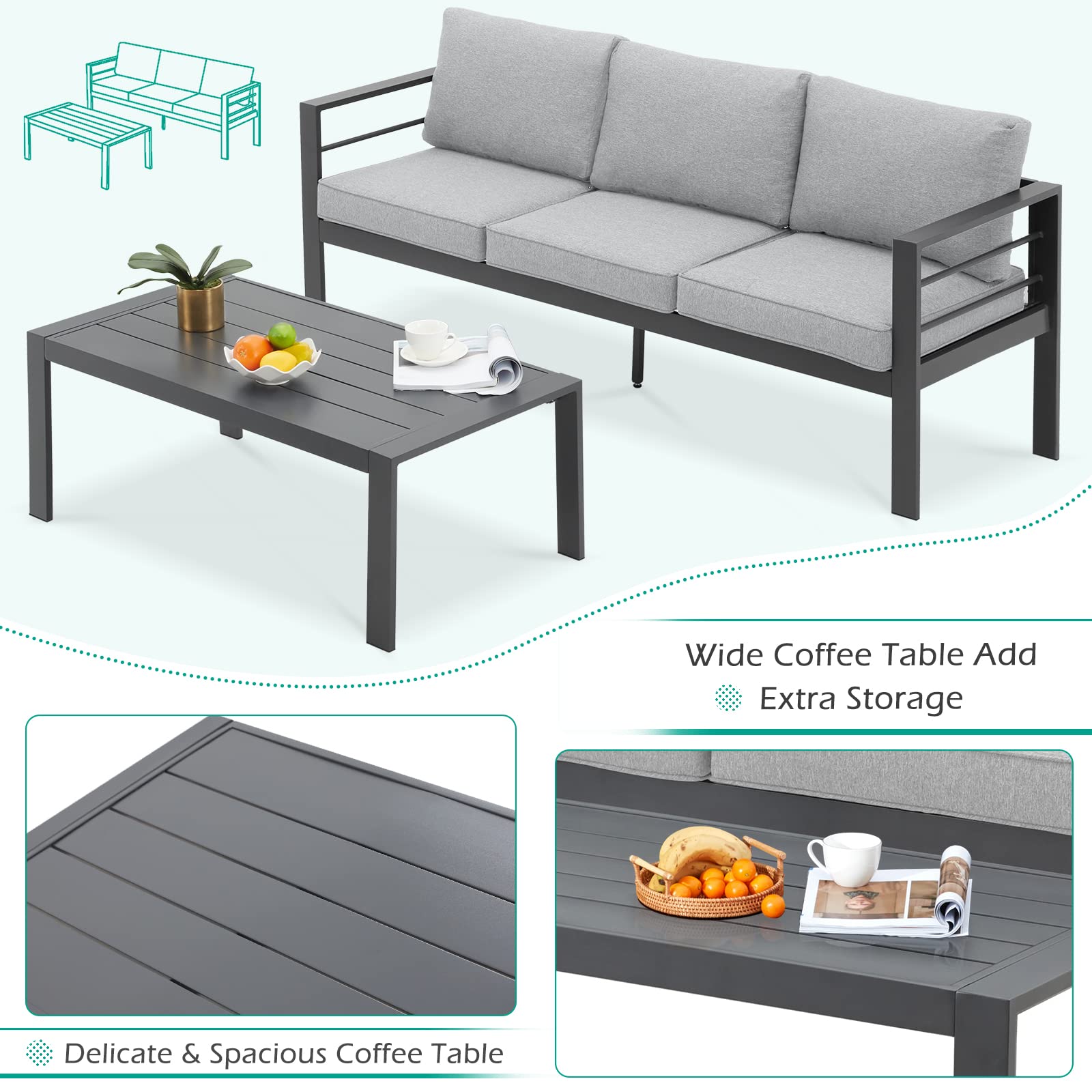 AECOJOY Aluminum Patio Furniture Set, Modern Outdoor Patio Furniture with Coffee Table, 7 Pieces Outdoor Conversation Set with Grey Cushions for Balcony, Porch, Lawn - WoodArtSupply