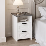 AURINEST Farmhouse Night Stand Set of 2 with Charger Station, Bed Side Table with 2 Drawers and Storage Shelf, Rustic End Table for Bedroom, Living Room, Small Spaces, White AURINEST