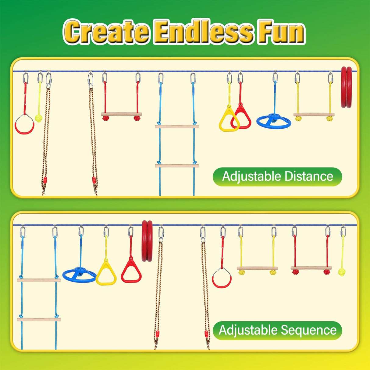 Ninja Warrior Kids Obstacle Course - 55 FT Durable Slackline with 8 Obstacles - Fun and Challenging Outdoor Course for Active Kids 3+ Years Old FAHKNS