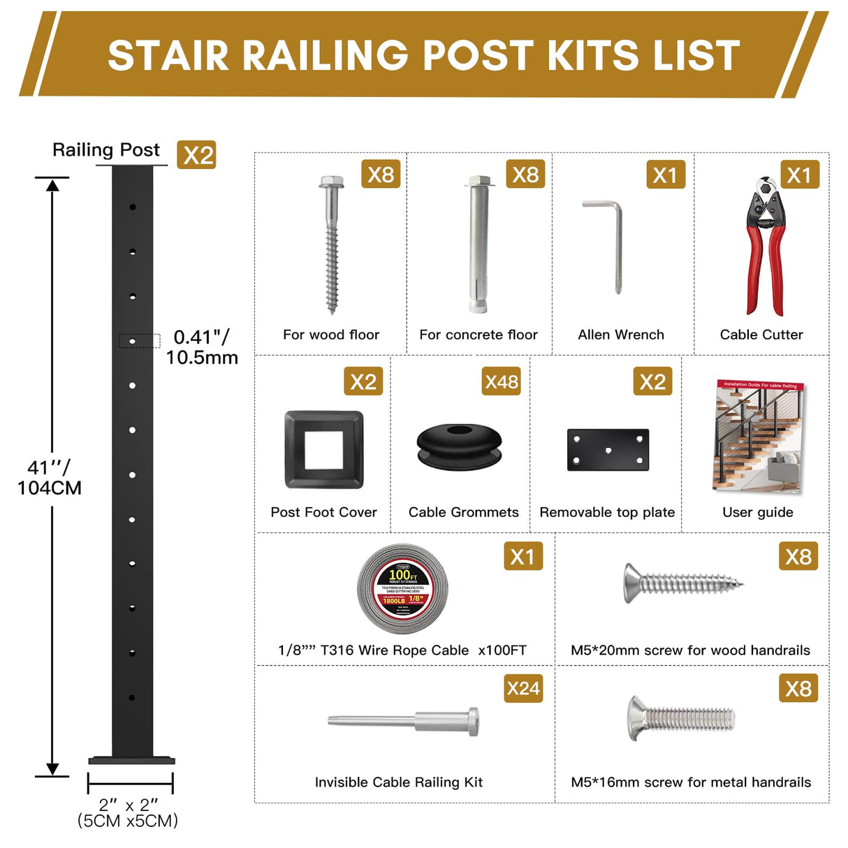 Rayzi 42" 2Pack Cable Railing Post, Stainless Steel Level Line Handrail Post with 100ft 1/8" Stainless Steel Cable and Wire Pliers DIY Kit (No Handrail), Black Rayzi
