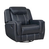 Benjara Louise 40 Inch Swivel Glider Manual Recliner Chair, Blue Faux Leather Benzara