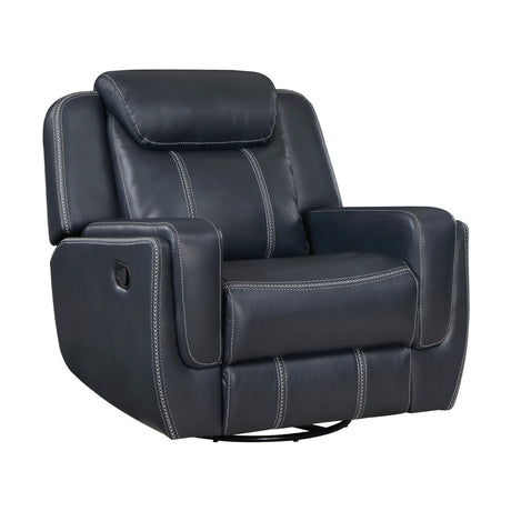 Benjara Louise 40 Inch Swivel Glider Manual Recliner Chair, Blue Faux Leather Benzara
