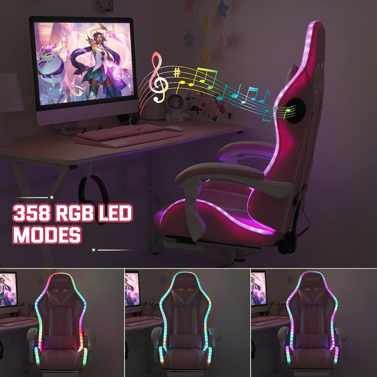 HOFFREE Pink Gaming Chair with Bluetooth Speakers and LED RGB Lights Cute Ergonomic Massage Computer Gaming Chair with Footrest High Back Video Game Chair with Lumbar Support Pink and White HOFFREE