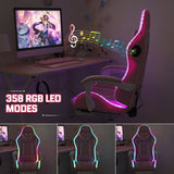 HOFFREE Pink Gaming Chair with Bluetooth Speakers and LED RGB Lights Cute Ergonomic Massage Computer Gaming Chair with Footrest High Back Video Game Chair with Lumbar Support Pink and White HOFFREE