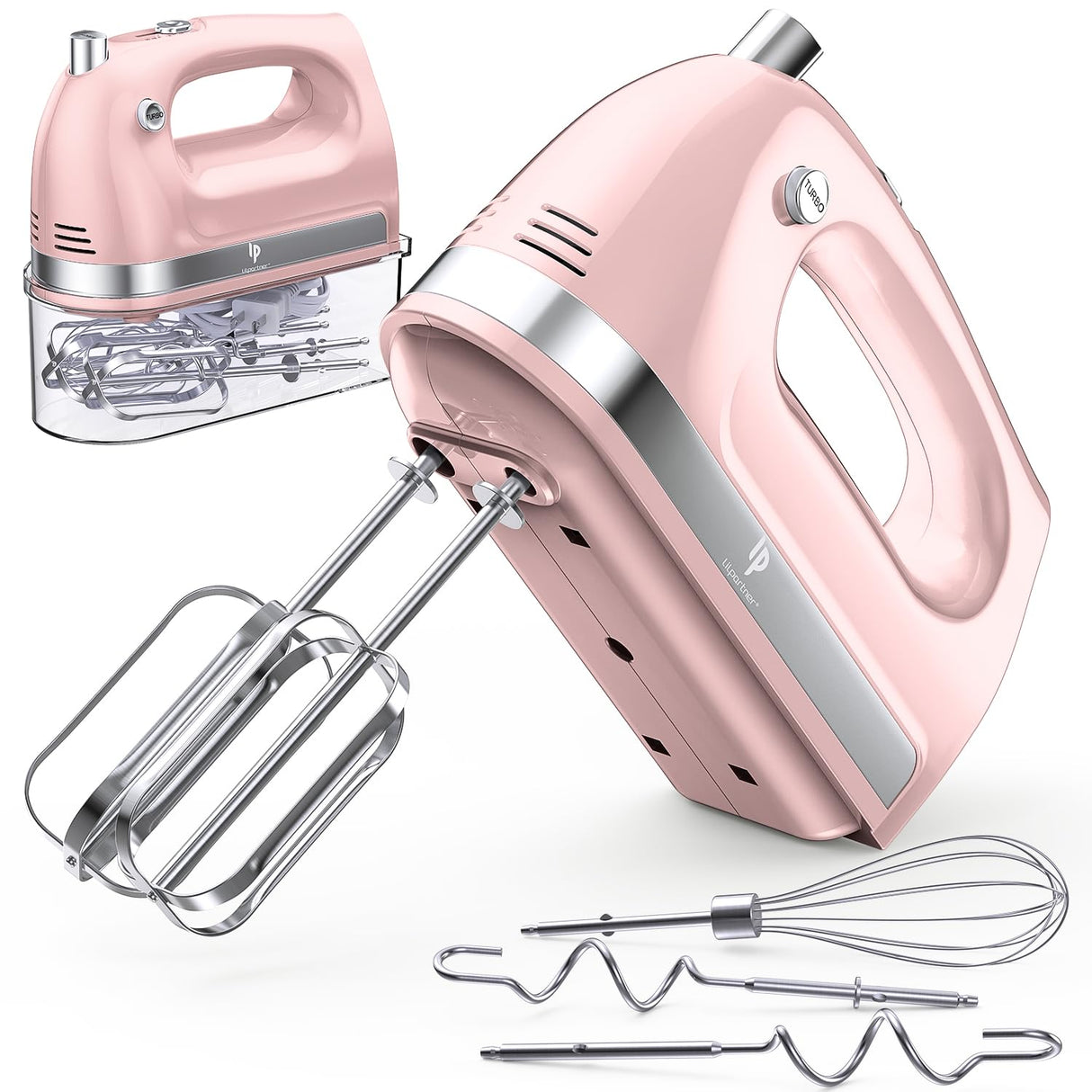 Hand Mixer Electric, 400W Food Mixer 5 Speed Handheld Mixer, 5 Stainless Steel Accessories, Storage Box, Kitchen Mixer with Cord for Cream, Cookies, Dishwasher Safe, Pink LILPARTNER