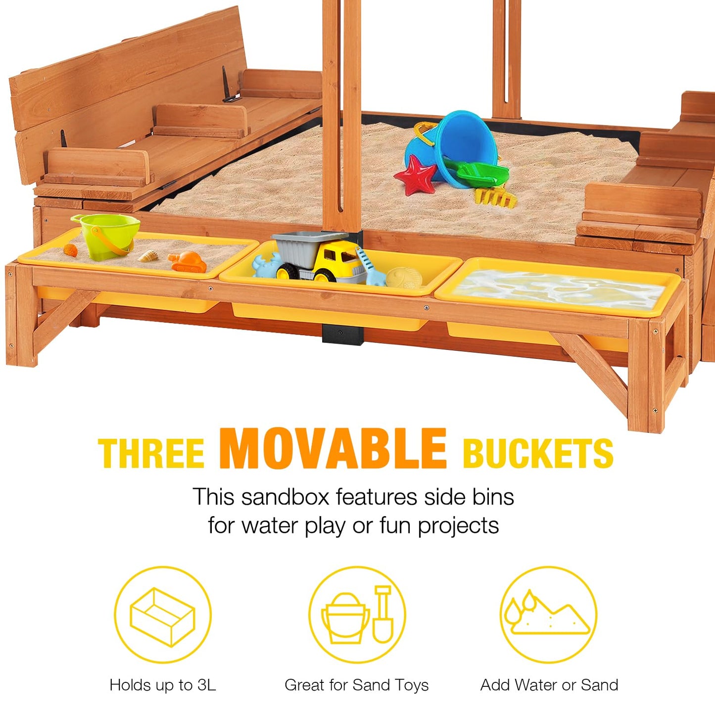 Aivituvin Kids Wooden Sandbox for Backyard, Large Sand Box with 2 Bench Seats and Toy Bin Storage- Bottomless Sand Pit