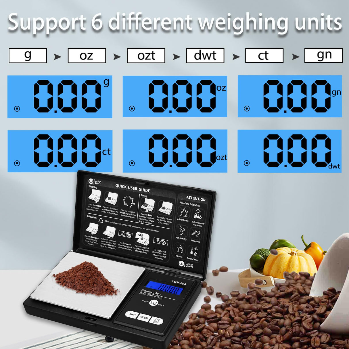 Weigh Gram 200g Digital Pocket Gram Scale 0.01g Accuracy, 200g x 0.01g Mini Digital Grams Scale, Small Food Scale, Jewelry Scale, Ounces Grains Scale With100g Calibration Weight Weigh Gram