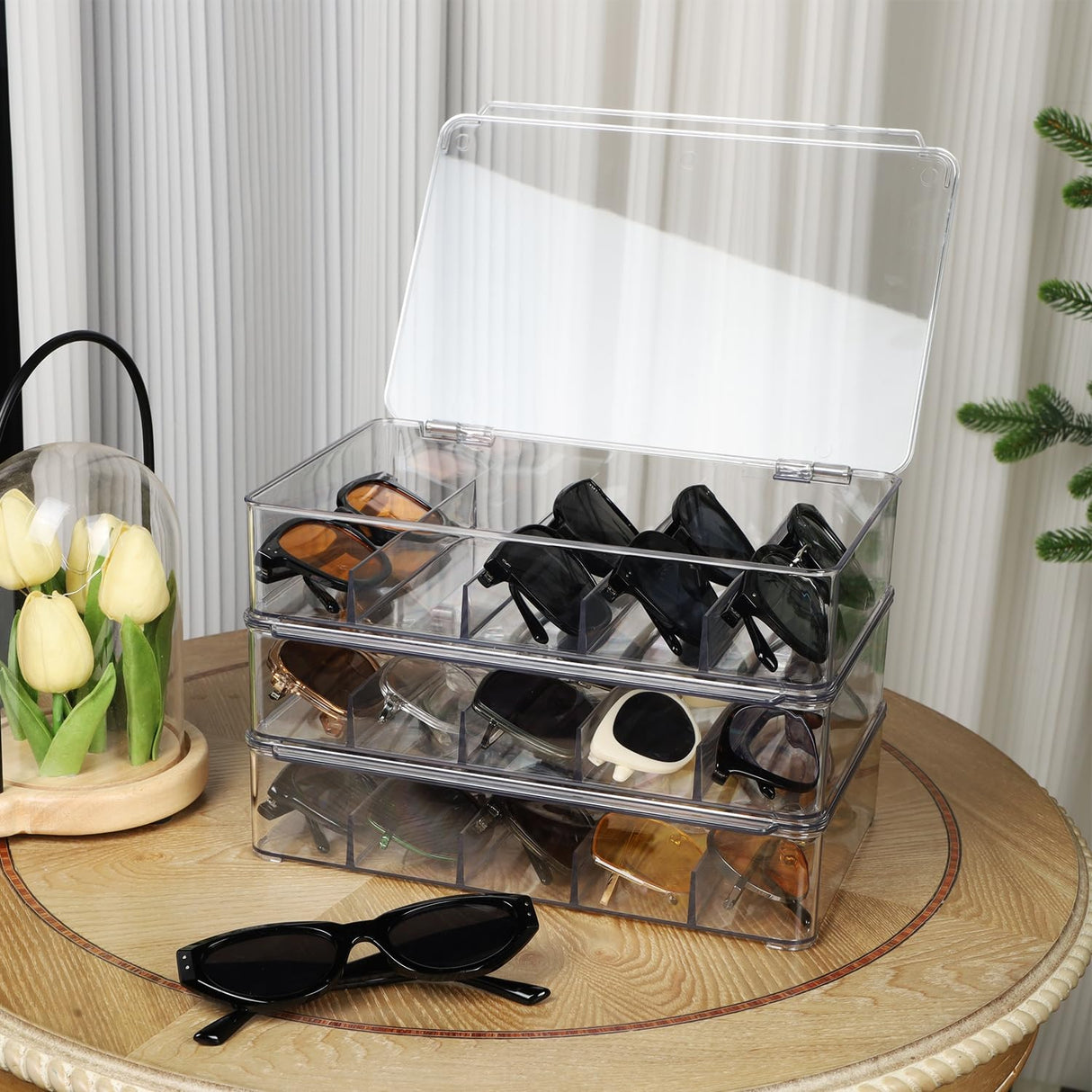 FORUP Sunglasses Organizer, Plastic Stackable Eyeglass Case Storage Organizer, Sunglass Glasses Storage Box with Hinged Lid, 5 Sections, 3 Pack, Clear FORUP
