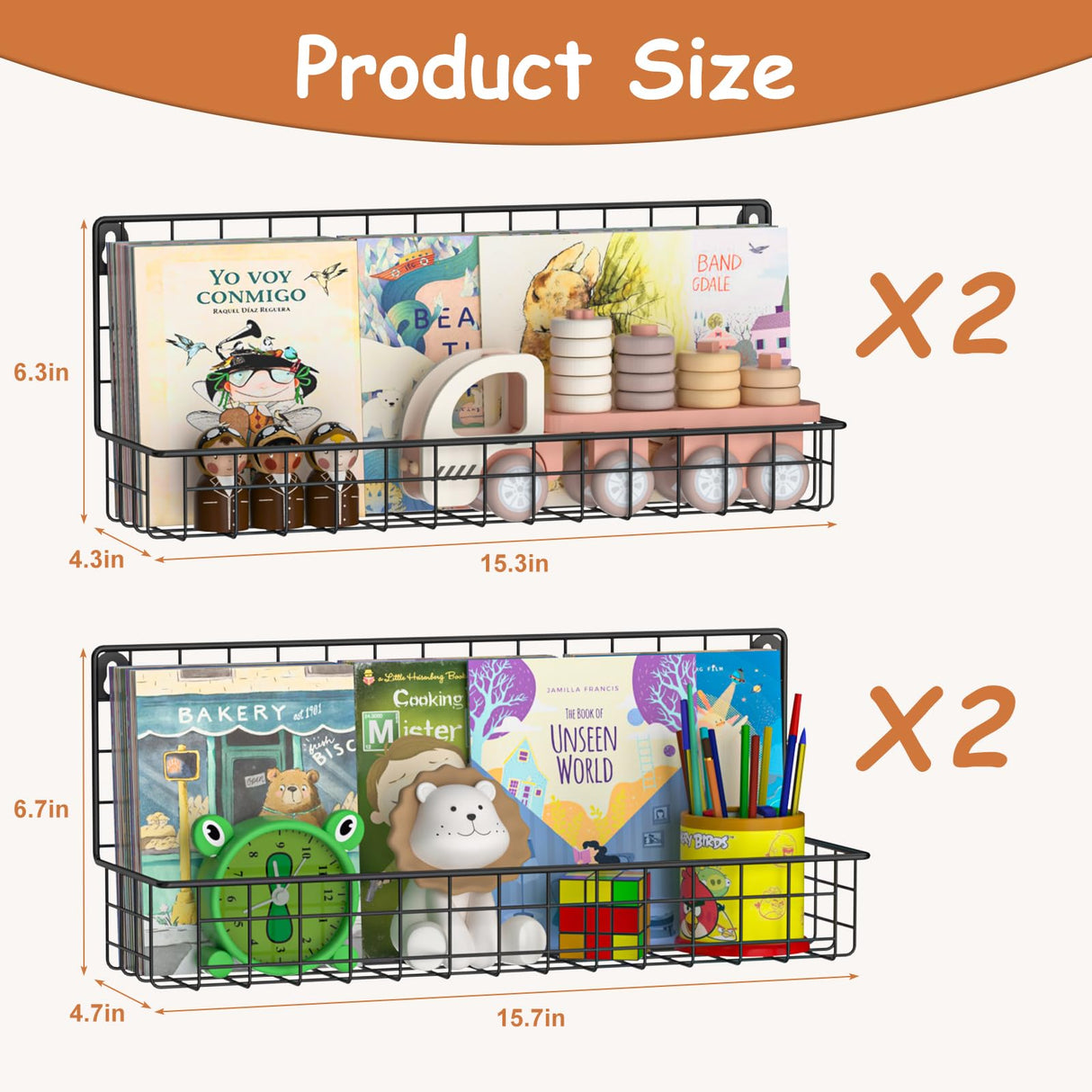 Wall Mounted Metal Kids Bookshelf, Floating Book Shelves for Kids Nursery Toddler Classroom, Hanging Book Shelf Organizer for Room Decor, Black, Set of 4 X-cosrack