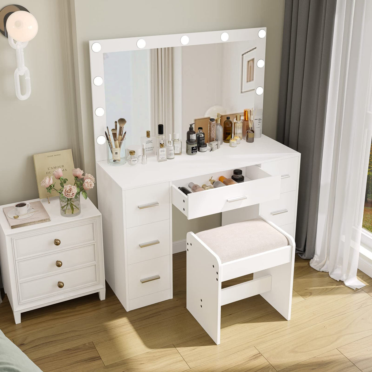 Irontar Vanity Table, Makeup Table with Lighted Mirror, 3 Color Lighting Modes, Brightness Adjustable, Dressing Table with Drawers, Vanity Desk for Women, White WDT004W Irontar