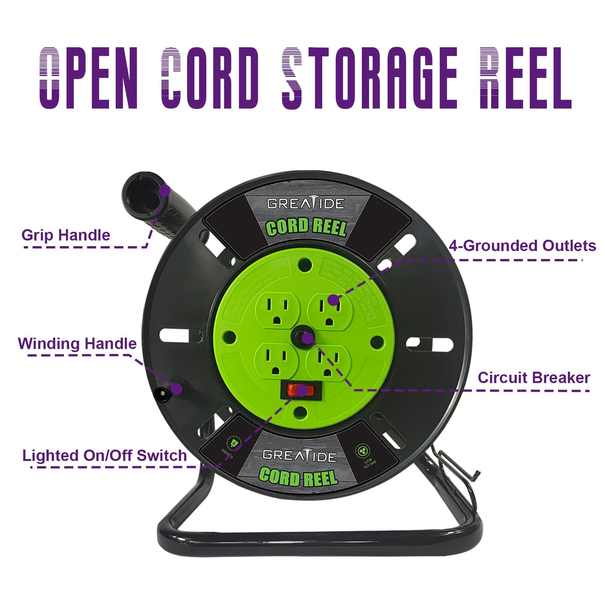 GREATIDE Heavy Duty Extension Cord Storage Reel with 4Grounded Outlets, 10A Circuit Breaker, Retractable Hand Wind, Portable Empty Hand Crank Open Cord Reel for 12/3 14/3 16/3 Gauge Power Cord, Green GREATIDE