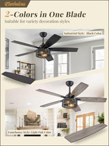 Farmhouse Ceiling Fans with Lights and Remote, 52 Inch Industrial Black Caged Ceiling Fans for Living Room Bedroom Kitchen, 6 Speed Reversible Quiet DC Motor, Dual Finish 5 Blades Fanbulous