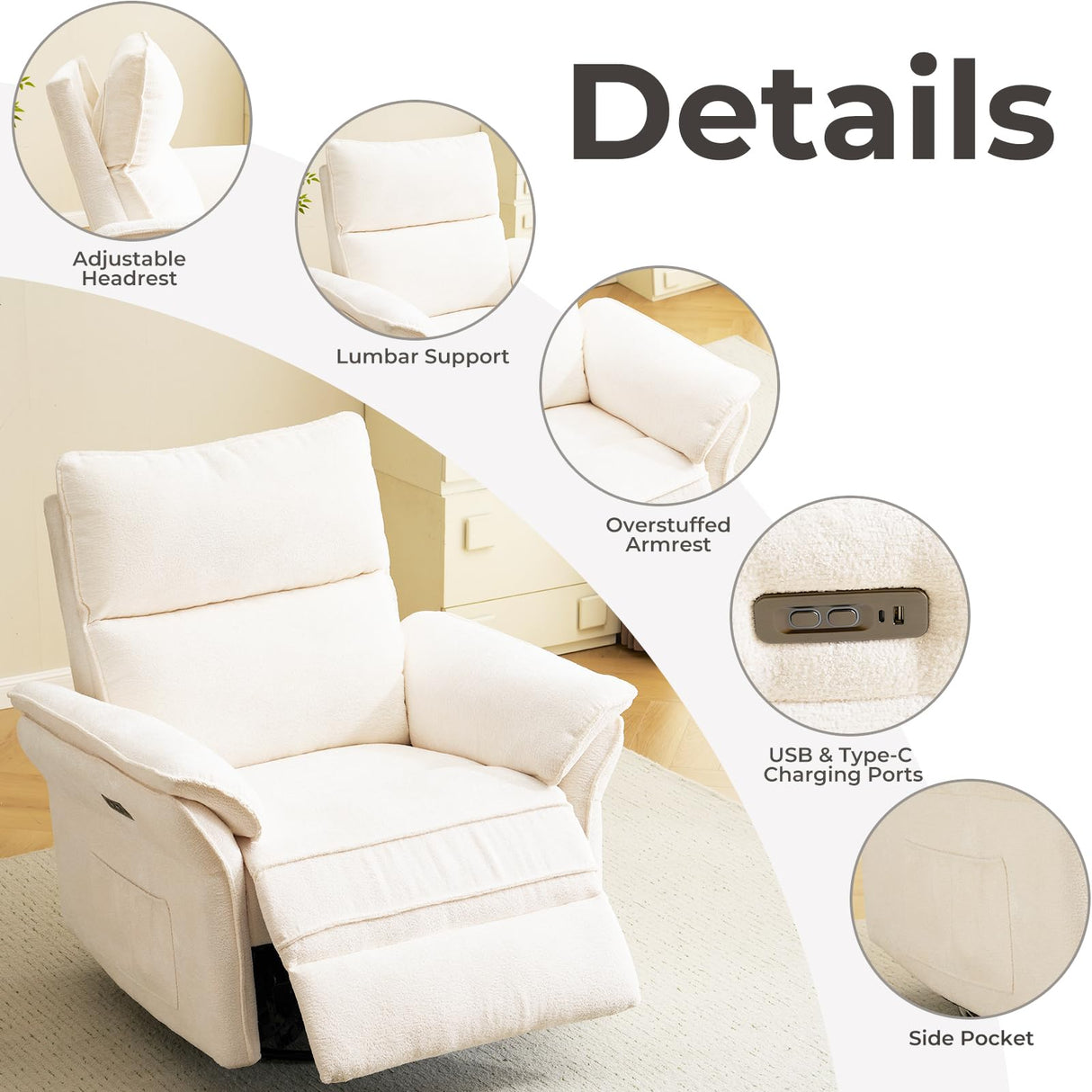 Rhevoy Oversized Power Recliner Chair Swivel Glider with Massage and Heat, Rocker Nursery Recliner for Adults with Adjustable Headrest, 26" Extra Wide Nursery Chair with Overstuffed Armrest,White Rhevoy