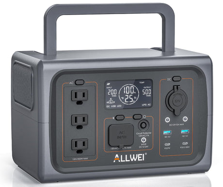 ALLWEI Portable Power Station 500W, 512Wh LiFePO4 Battery, UPS Function, 2.5Hrs Fast Charge, 3 AC Outlets(Surge 1000W), Solar Generator for Outdoor Camping RV CPAP Home Emergency ALLWEI
