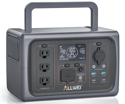 ALLWEI Portable Power Station 500W, 512Wh LiFePO4 Battery, UPS Function, 2.5Hrs Fast Charge, 3 AC Outlets(Surge 1000W), Solar Generator for Outdoor Camping RV CPAP Home Emergency