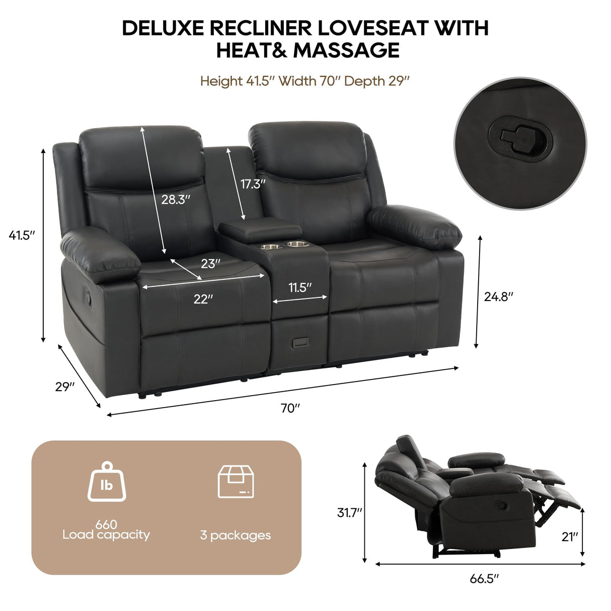 GUEAPY Reclining Loveseat Sofa with Heat and Massage, 70" Leather Dual Recliner Couch with Cup Holders, Storage Drawer & Infinite Reclining Angles,Reclining Loveseat for Living Room, Apartment, RV GUEAPY