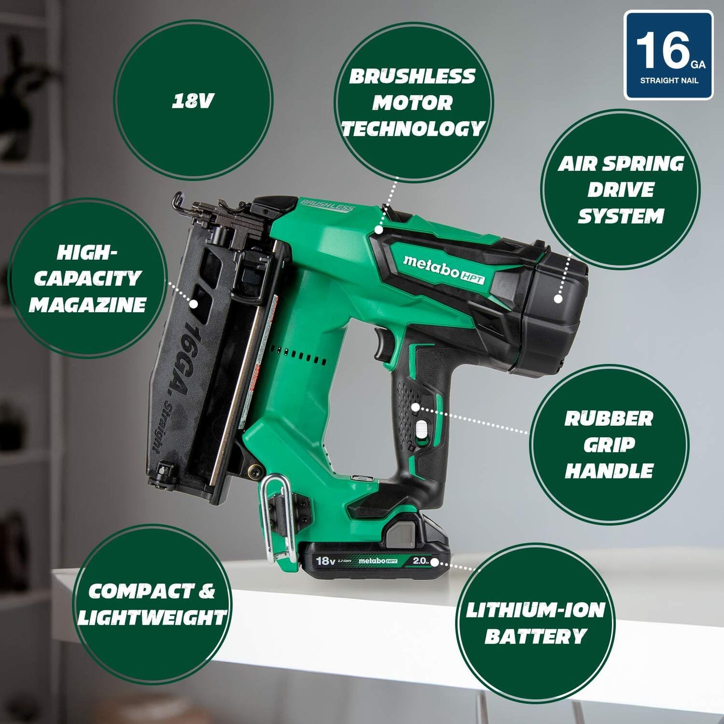 Metabo HPT 18V MultiVolt™ Straight Cordless Finish Nailer Kit, 16 Gauge Finish Nailer, (1) 18V 2.0Ah Lithium Ion Battery w/Fuel Gauge, Accepts Finish Nails, Lifetime Power Tool Warranty, NT18 - WoodArtSupply