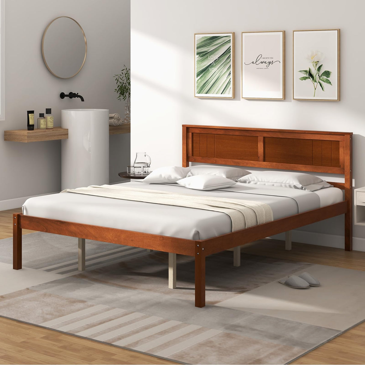 Giantex Wood Queen Platform Bed with Headboard, Mid Century Solid Wood Bed Frame with Wood Slat Support, Wooden Mattress Foundation with 12" Under Giantex