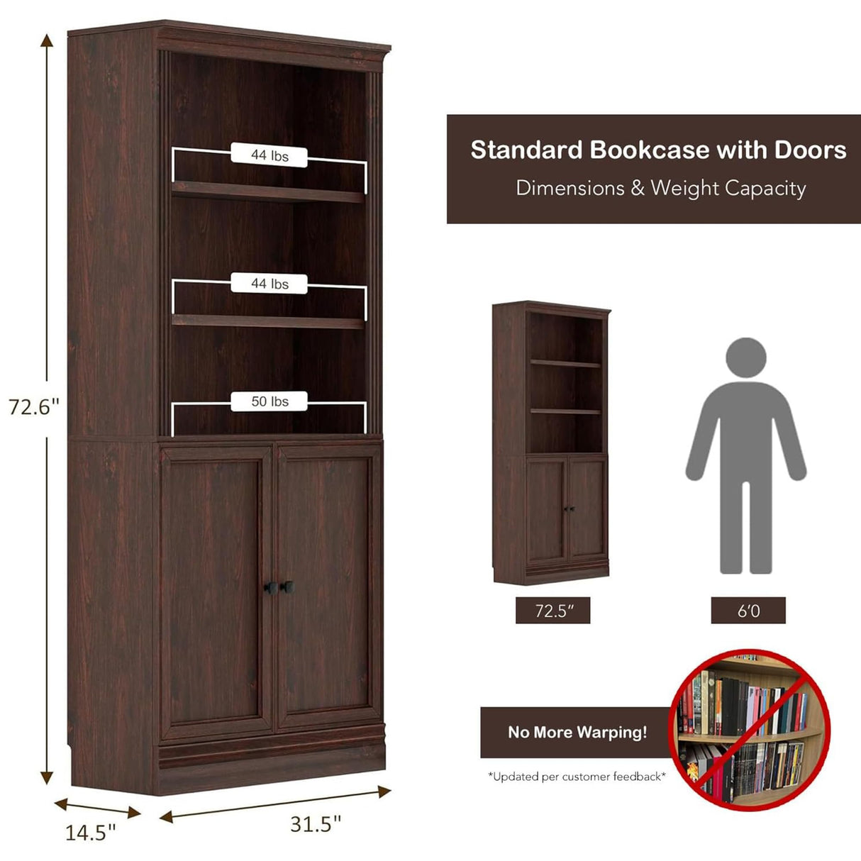 JAHRSTIM Halston Standard w/ Doors Bookshelves and Bookcase Floor Standing 5 Tier Adjustable Shelves Organizer and Storage, 72in Tall Bookshelf for Home Office, Living Room, Bed Room, Kitchen, Cherry JAHRSTIM