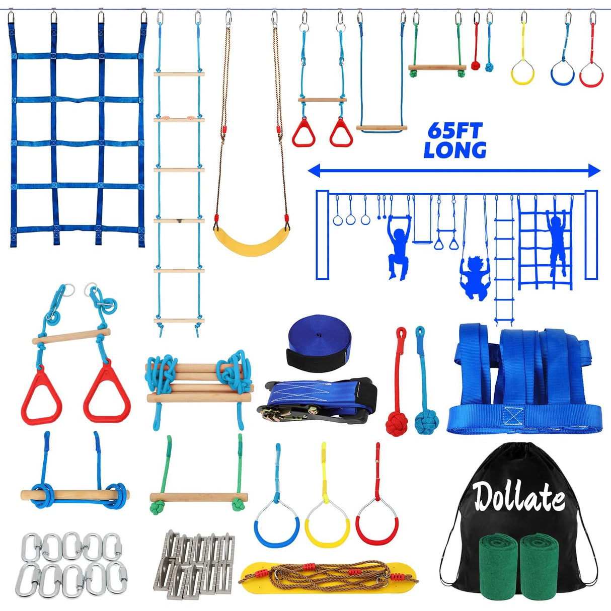 Dollate Ninja Warrior Obstacle Course for Kids - 65FT, Outdoor Obstacle Course 14 Accessories, Swings, Monkey Bars, Arm Trainers - Suitable for Boys and Girls 3+ - 440 lbs Capacity Dollate