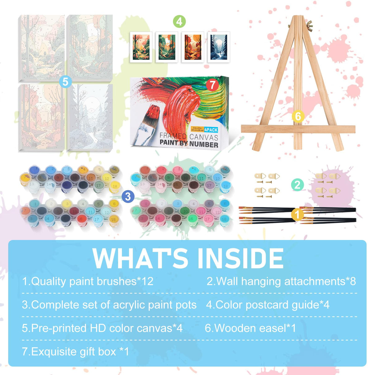 Offito 4 Pack Framed Paint by Numbers Kit for Adults Beginners with Wooden Easel, Four Seasons Easy Paint by Number Kit with Frame, Watercolor Adult Paint by Number Framed Canvas (8 * 12 Inch) Offito