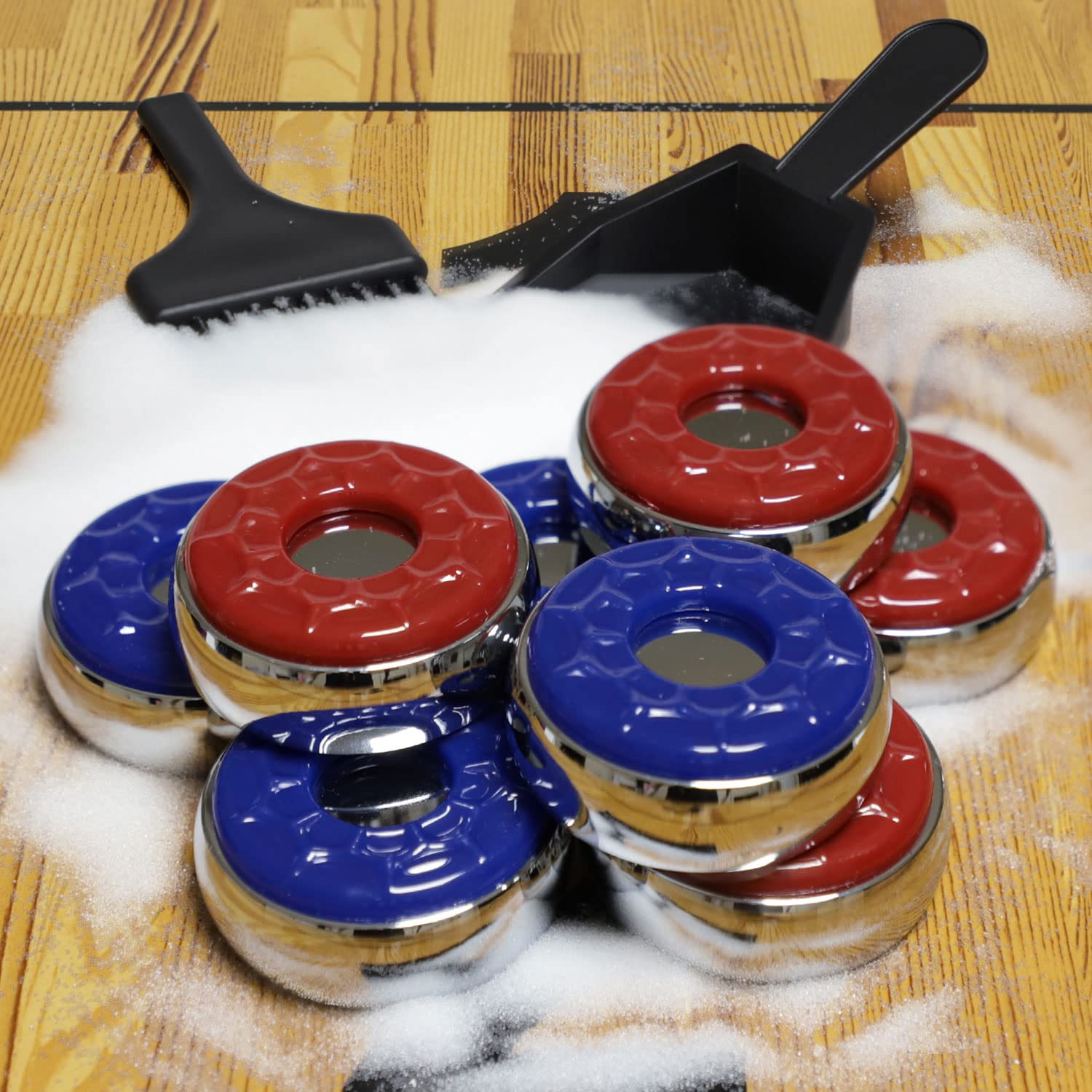 Shuffleboard Pucks with Shuffleboard Sand Set - 2 1/8 Shuffleboard Table Pucks with 2 Cans Shuffleboard Wax Medium Speed and Mini Brush and Dustpan Set - WoodArtSupply