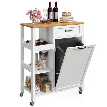 YITAHOME Small Kitchen Island Cart on Wheels with Trash Can Storage Cabinet, Rolling Portable Dining Room Serving Utility Carts Mobile Movable for 10 Gallon Garbage Bin, Oak & White