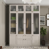 TAMUNE 4 Door Wardrobe Armoire Closet with Hanging Rods & 2 Drawers, Bedroom Armoire with Frosted Glass Doors, Top Cabinets & Gold Knobs, Wood Grain, 19.9”D x 63”W x 86.6”H TAMUNE