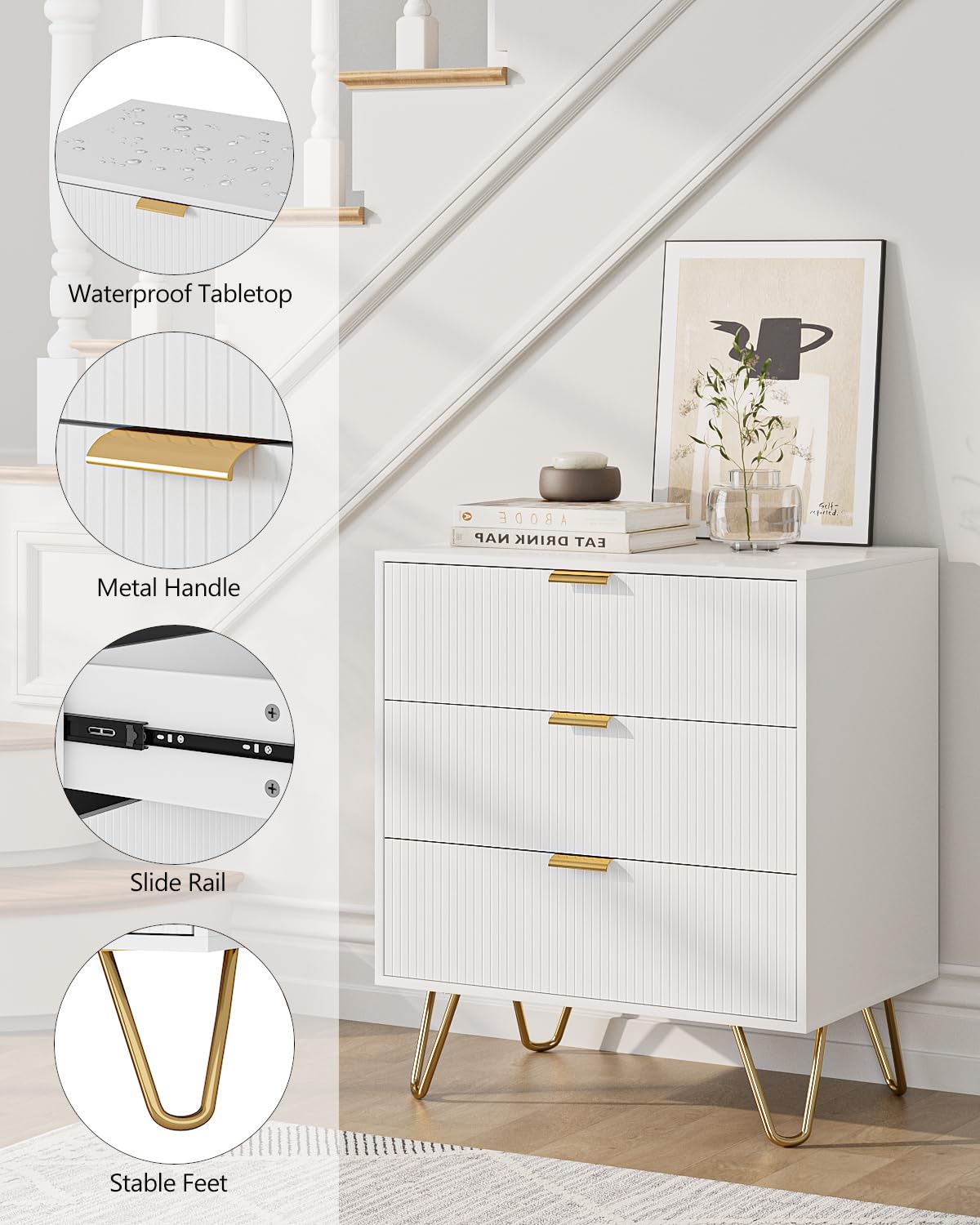 AEPOALUA Fluted 3 Drawer Dresser for Bedroom, Modern Storage Bedroom Dresser Chest Cabinet Organizer with Anti-Tip Hardware for Living Room, Dressing Room, Kids Room, Office (White) AEPOALUA