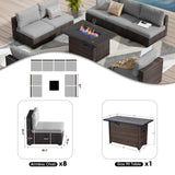 GREZJXC 9 Pieces Outdoor Sectional Patio Furniture Set with Fire Pit Table PE Rattan Wicker Patio Sectional Armless Conversation Set with Cushions Grey GREZJXC