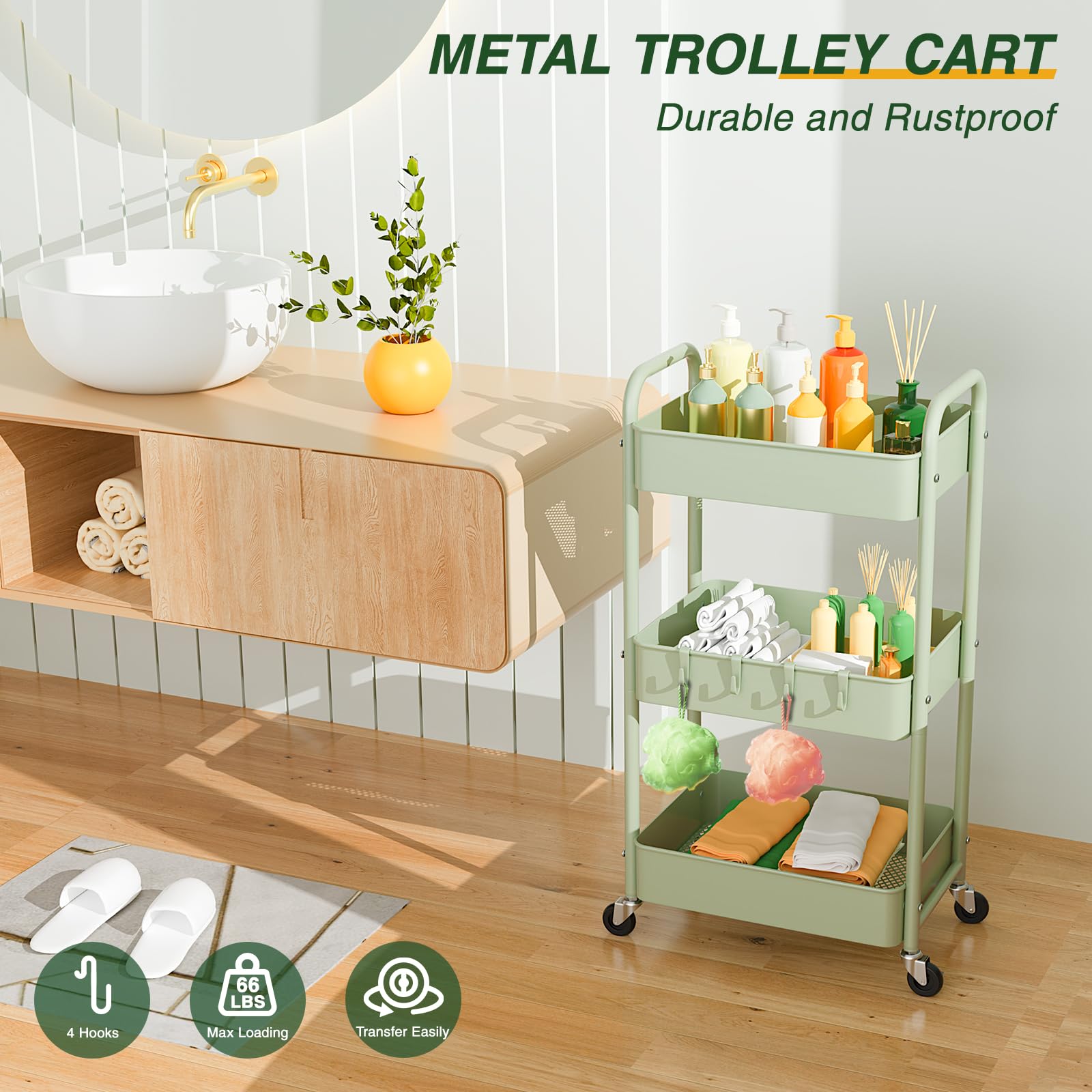 LEHOM 3 Tier Rolling Storage Cart, Metal Trolley Utility Cart with Wheels & Hooks, Easy Assembly Organizer Storage Cart for Bathroom Kitchen Office Bedroom (Green) - WoodArtSupply