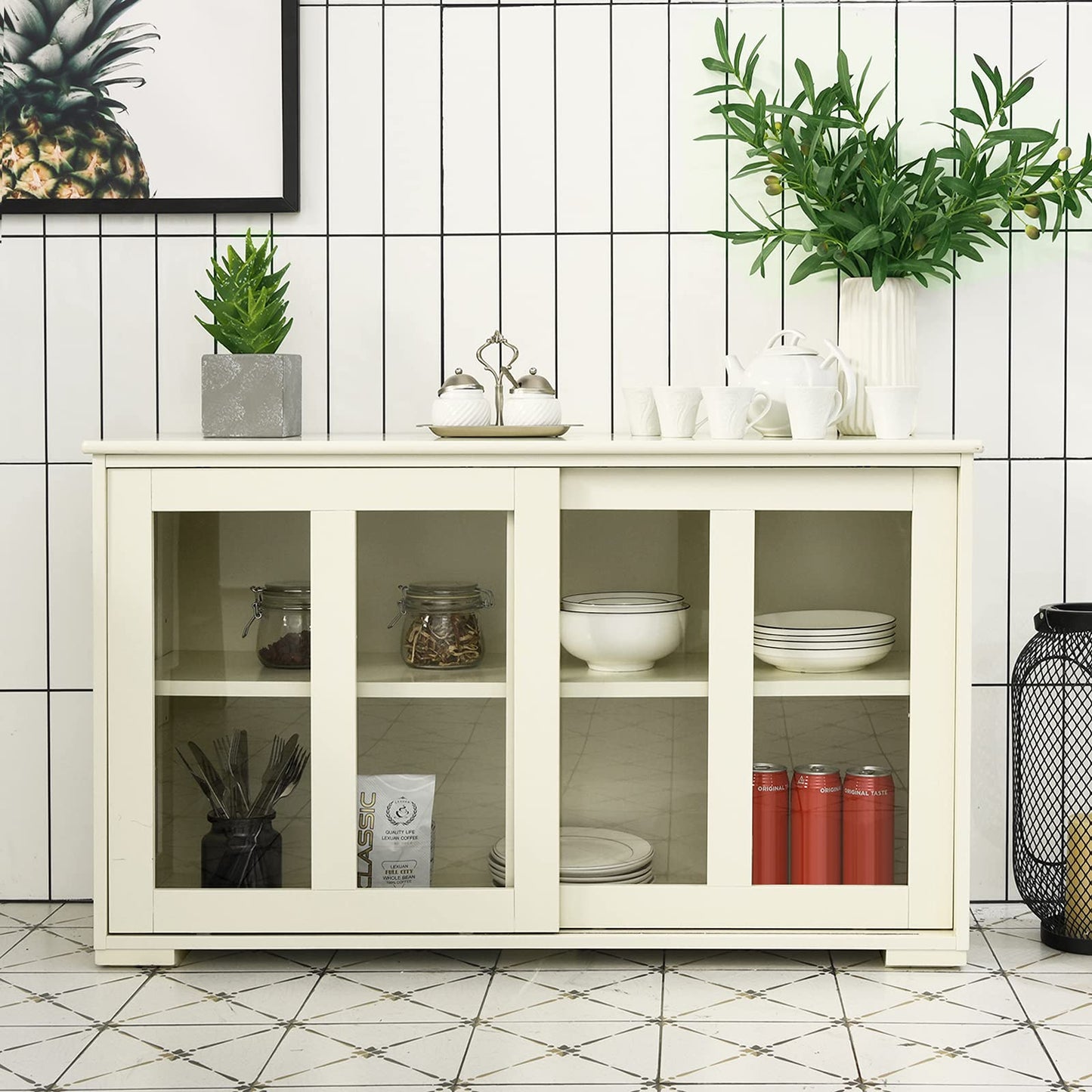 Costzon Cream White Sideboard Cabinet, 42"L x 13"W x 24.5"H, With Sliding Door Window, Wooden Cupboard Server Buffet Console Table for Home Dining Room Entryway