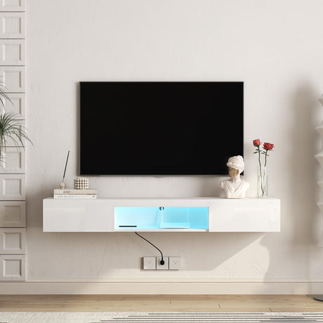 Floating TV Stand Shelf for TVs up to 80 Inch, Floating TV Cabinet with LED Light, Modern Wall Mounted Media Console Shelf with Power Outlets, Entertainment Center for Under TV Storage, White Msutree