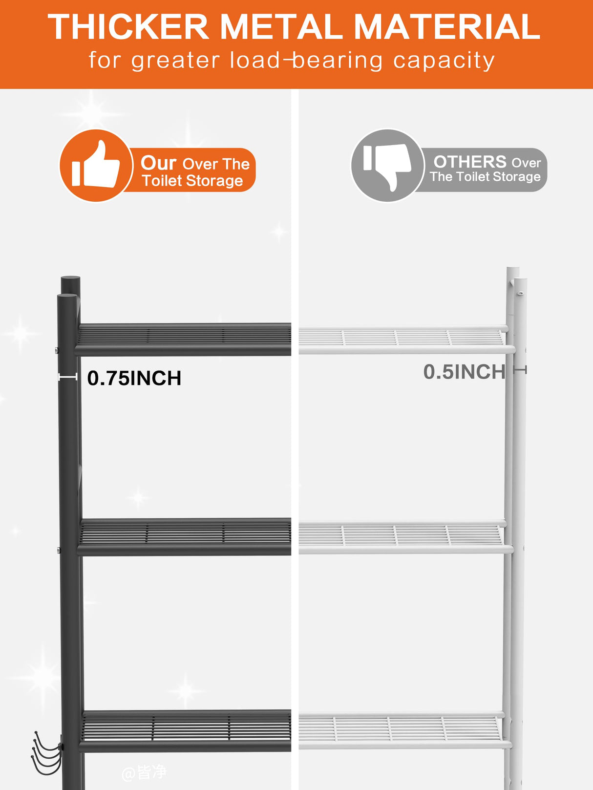 GloTika 3-Tier Over The Toilet Storage, Space Saver Metal Bathroom Shelves, Freestanding Above Over Toilet Storage Shelf with 4 Hooks for Bathroom, Black GloTika