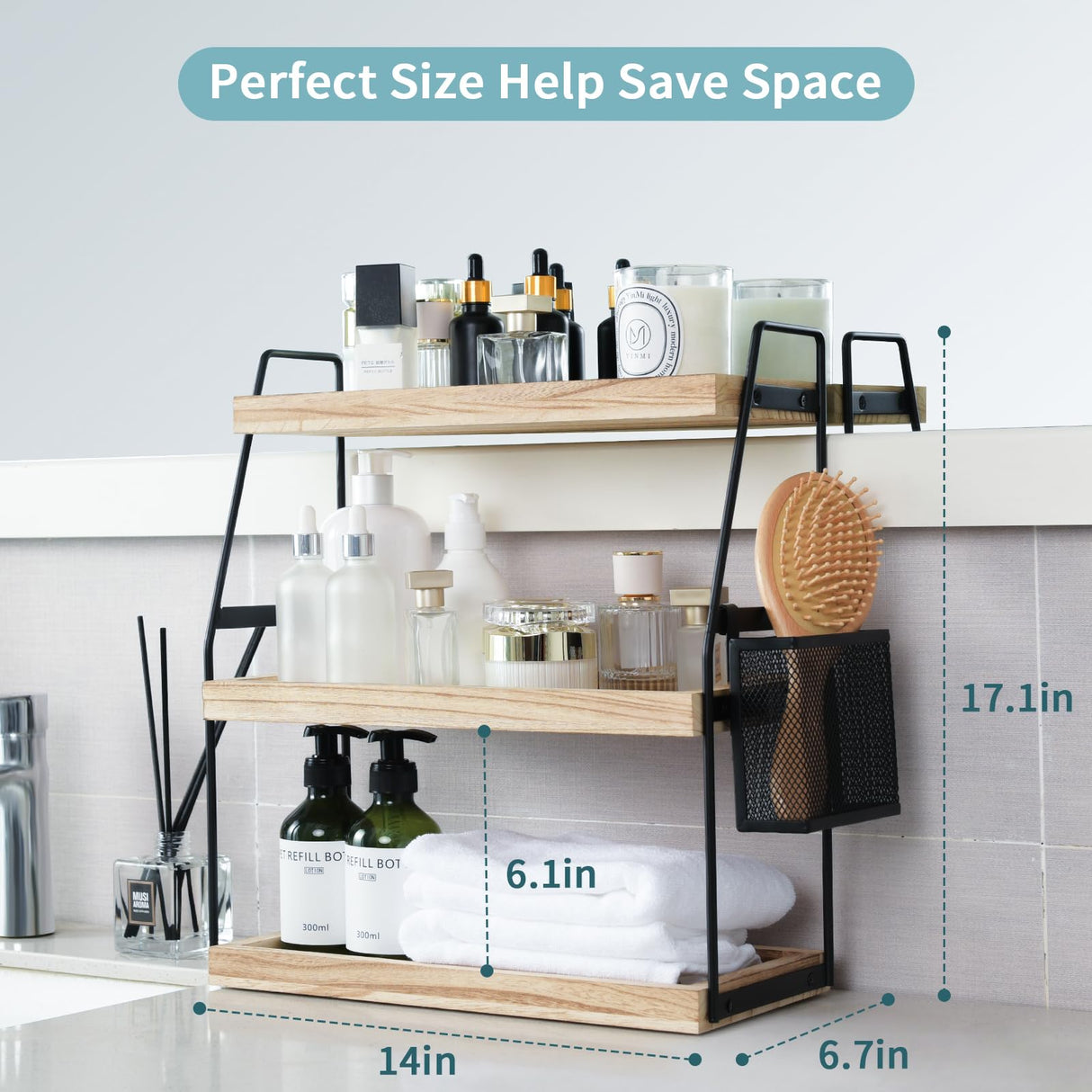 Bathroom Counter Organizer, 3-Tier Standing Storage Shelf with Basket, Wood Tray for Skincare Vanity Organizer Uneviesyka