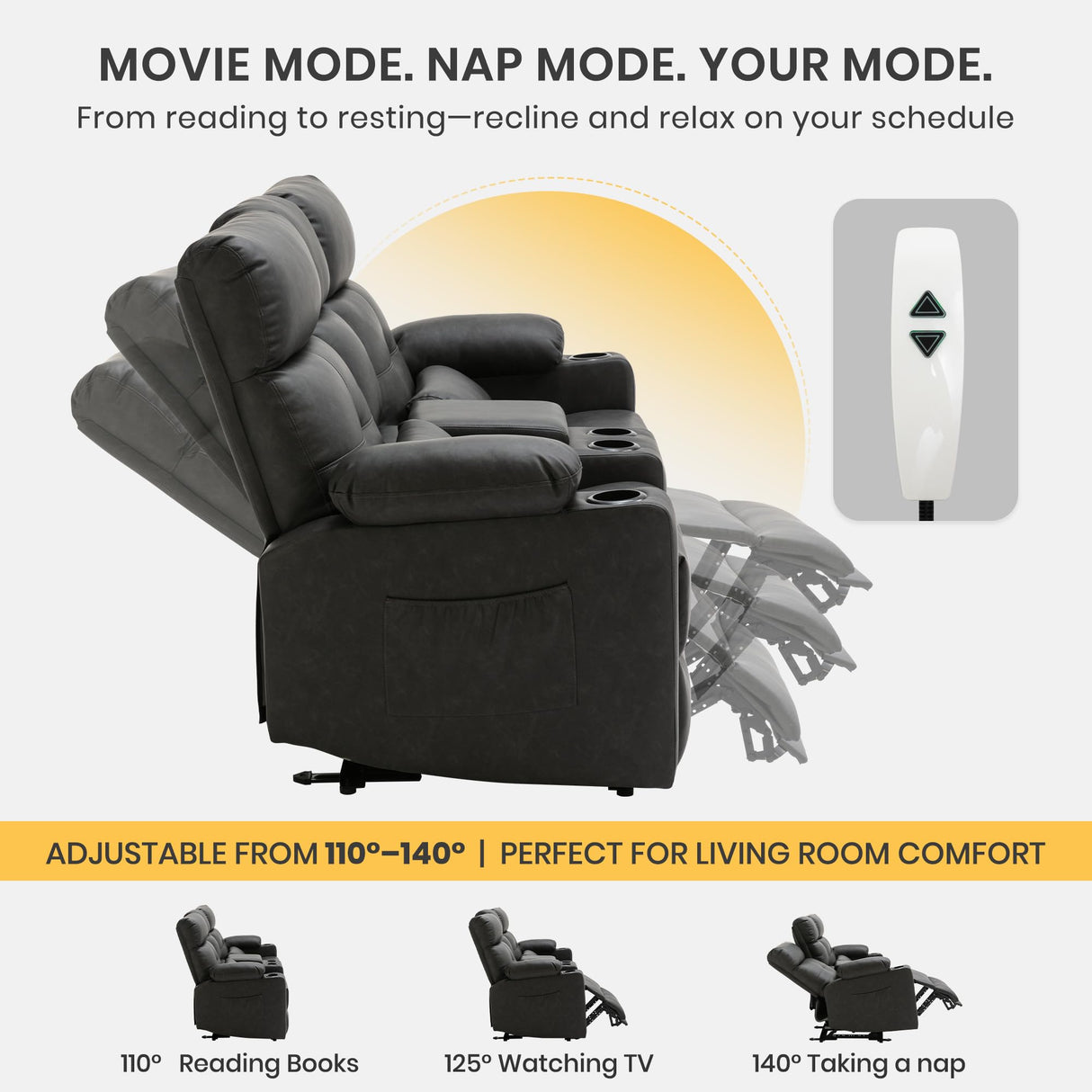 GUEAPY 68" Power Reclining Loveseat with Heat & Massage, Wall Hugger Double Reclining Sofa with Console, Cup Holders & Storage, Power Recliner Couch for Camper, Trailer, RV, Home Theater Living Room GUEAPY