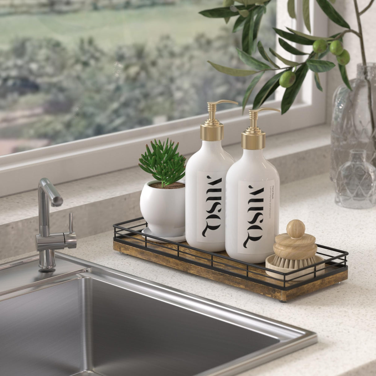 Farmhouse Kitchen Soap Tray, 11" Sink Countertop Wood Soap Dispenser Tray Brush Holder, Spice Salt and Pepper Organizer for Dining Room Counter Decorative Coffee Table Centerpiece Tray Rustic Brown Focusonit