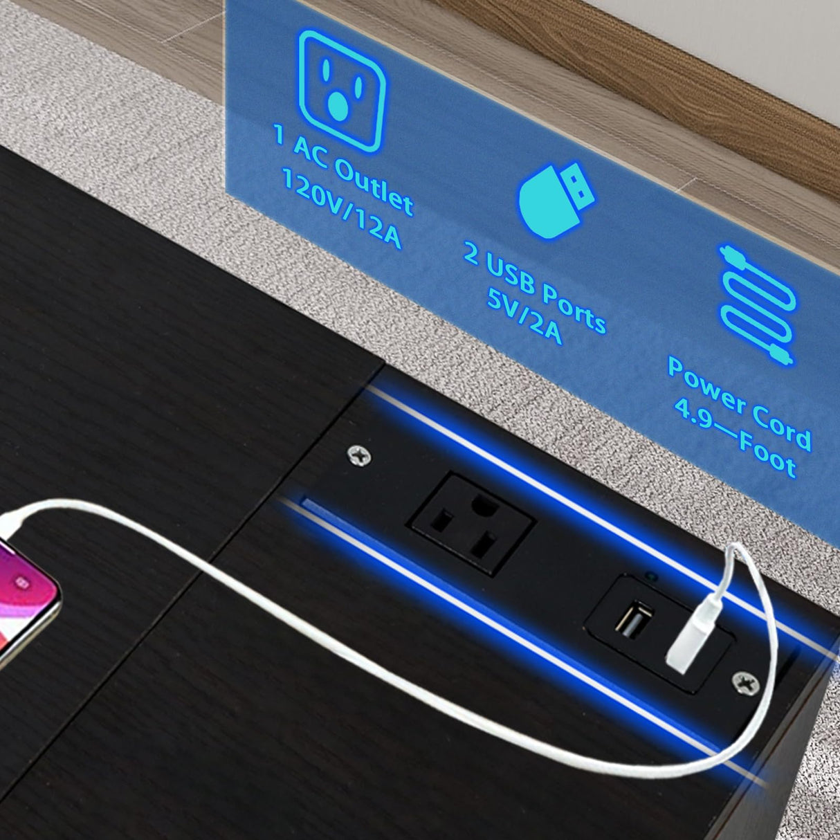 VIWODS Nightstand with Charging Station and LED Lights, Bedside Table with Solid Wood Legs for Bedroom, Black Oak and Blue VIWODS