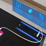 VIWODS Nightstand with Charging Station and LED Lights, Bedside Table with Solid Wood Legs for Bedroom, Black Oak and Blue VIWODS