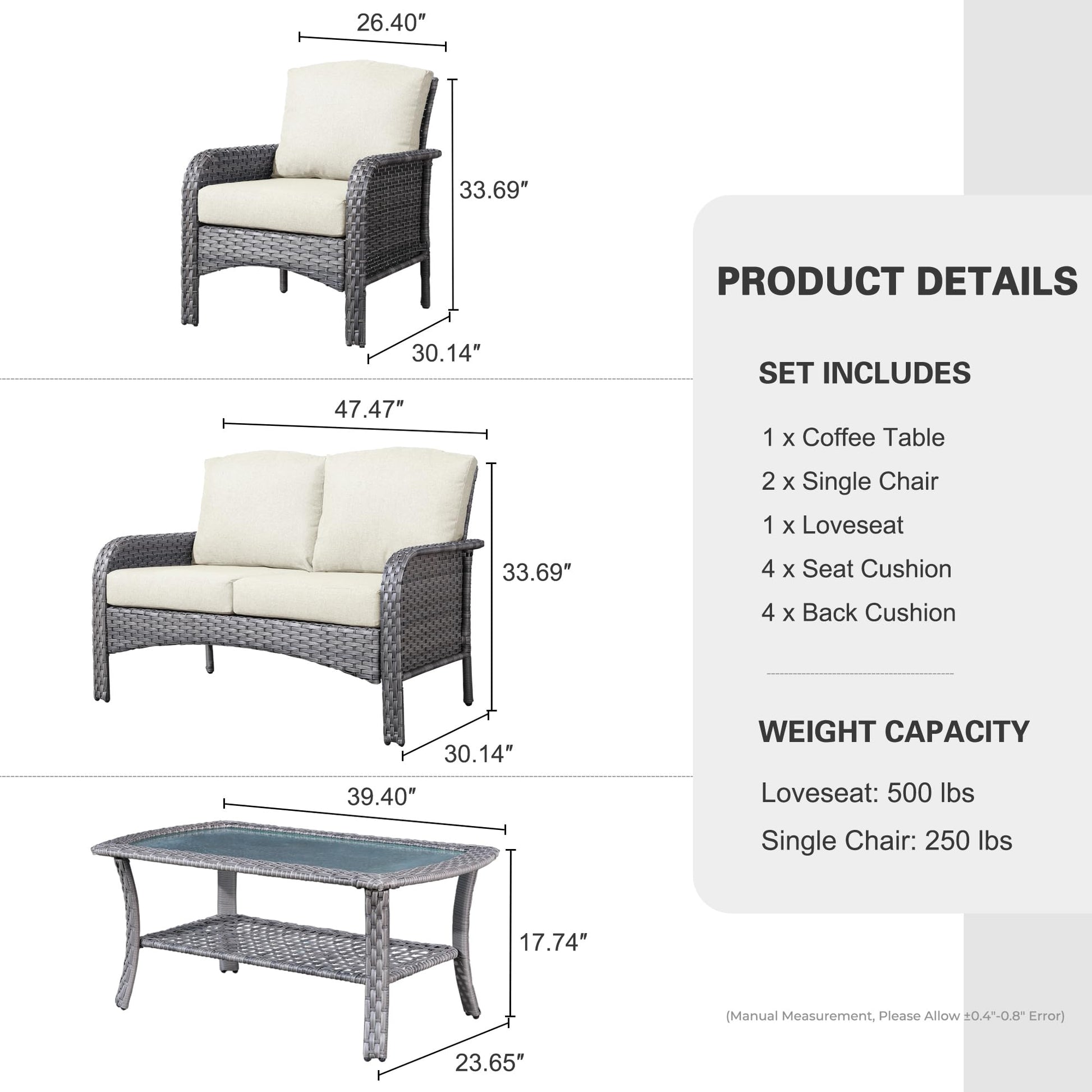 CAODOC 4-Piece Wicker Patio Furniture Set, All-Weather Rattan Conversation Bistro Loveseat Chair and Table Set for Balcony, Backyard and Deck with Soft Cushions and Metal Table(Tan) - WoodArtSupply