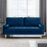 RXRRXY 67" Modern Velvet Loveseat Sofa Couch, Mid-Century Tufted Upholstered Small Love Seat Couch with 2 Pillows & 4 Golden Legs, 2-Seats Couches for Compact Space, Living Room, Apartment (Navy) RXRRXY