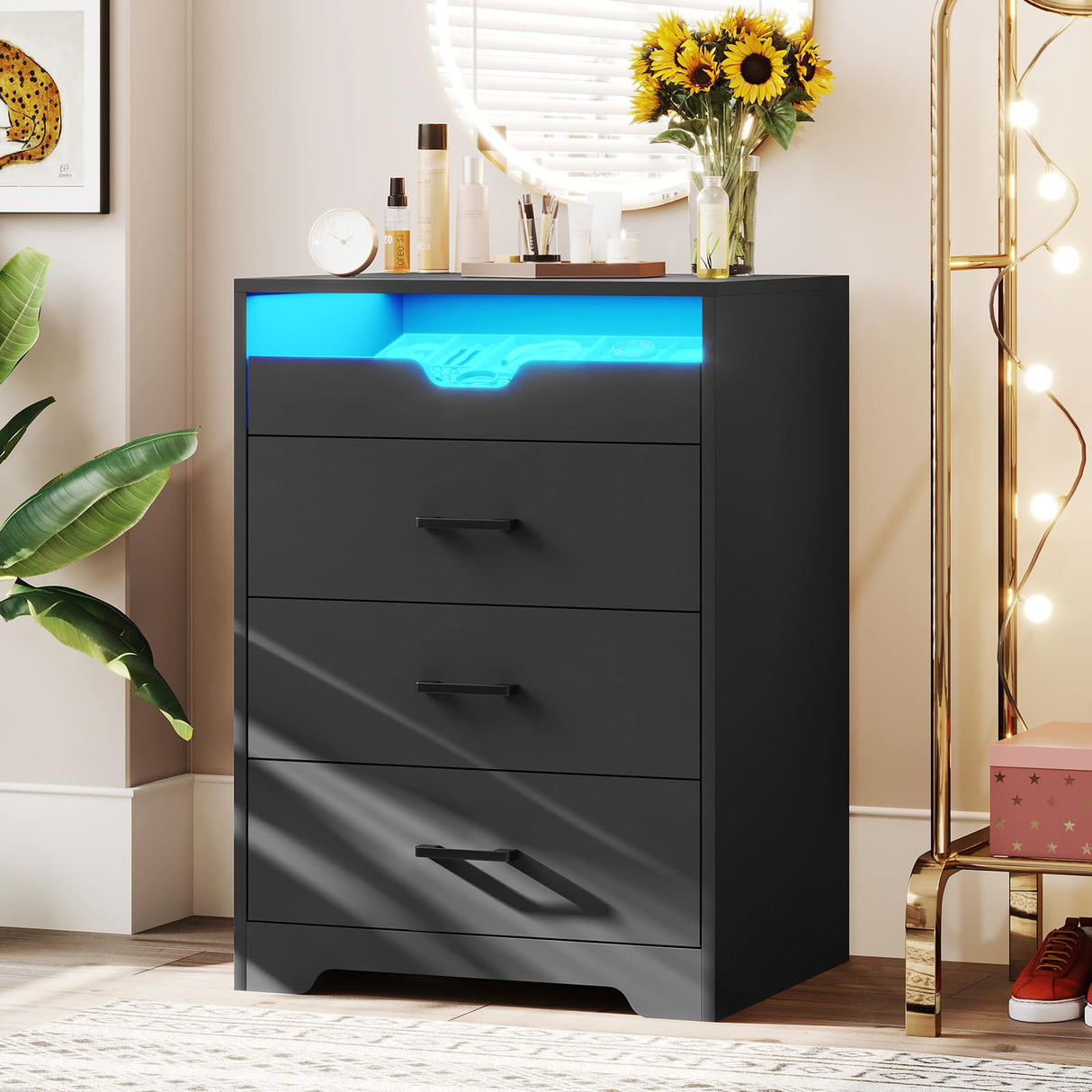 Hasuit Dresser with LED Lights for Bedroom, Tall Dresser with 3 Drawers and Pull-out Tray, Black Chest of Drawers Bedroom Storage Organizer, Dimensions 15.6" D x 21.7" W x 30.1" H Hasuit