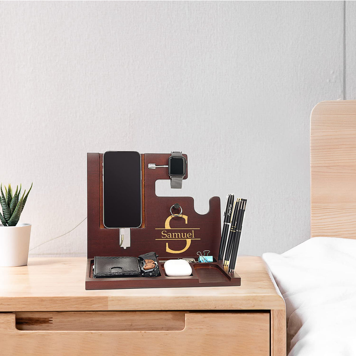 Police Officer Wood Docking Station, Nightstand Organizer for Men with Gun Holder, Pistol Rack, Phone Stand, iWatch Charging, Ring Holder, Pen Slot - Gifts for Police Officer, Husband, Boyfriend, Dad awofer