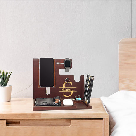 Police Officer Wood Docking Station, Nightstand Organizer for Men with Gun Holder, Pistol Rack, Phone Stand, iWatch Charging, Ring Holder, Pen Slot - Gifts for Police Officer, Husband, Boyfriend, Dad awofer