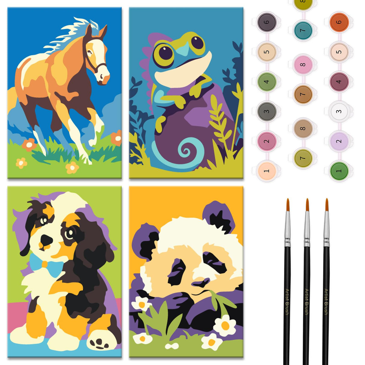 Nariolar 4 Pack Paint by Numbers Kit for Kids Ages 4-6 with 4.7X3.1inch Pre-Printed Cardboard,Acrylic Paint Pots and 3 Painting Brushes，Creative Gifts for Kids（Puppy and Panda Nariolar