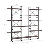 Dark Walnut Color 6-Tiers Industrial Style Bookcase 85" H X 94.5" W 12.6" D Black Brown Modern Contemporary MDF Metal Natural Finish WoodArtSupply