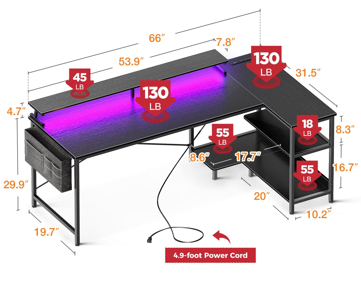 ODK 66 Inch Gaming Desk with USB Charging Ports and LED Lights, Reversible L Shaped Computer Desk with Storage Shelves & Monitor Stand, Corner Gamer Desk Table with Power Outlets, Carbon Fiber Black ODK