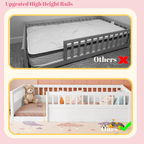 Floor Bed for Kids, Twin Size Montessori Bed with High Fence Railings, Wood Playhouse Bed with Rails for Baby Boys Girls Teens, No Slats Included, White Mirightone