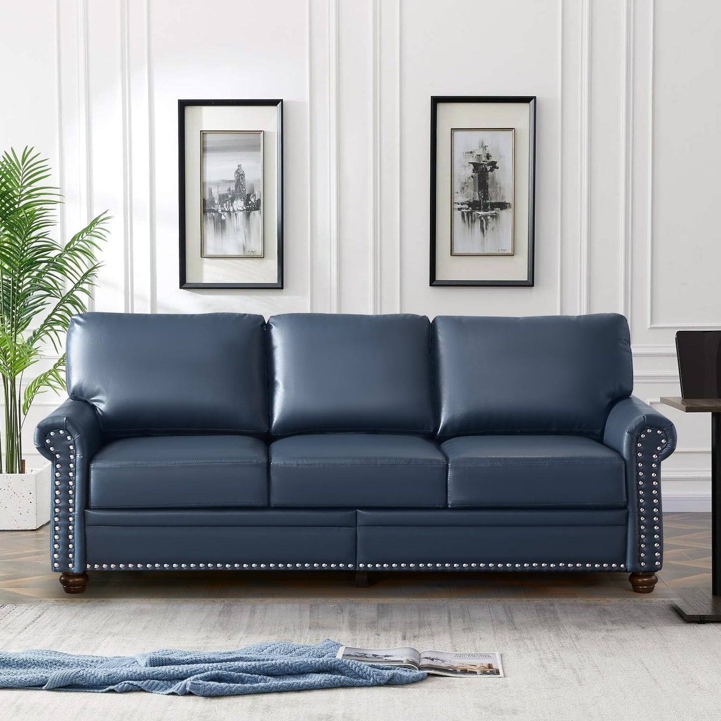 JEEOHEY Faux Leather Sofa Couch,82" Mid Century Modern Couch with Storage Place,Oversized 3 Seater Sofa with Nailhead Trim&Rolled Arm,Deep Seat Comfy Couch for Living Room,Apartment,Office(Navy Blue)